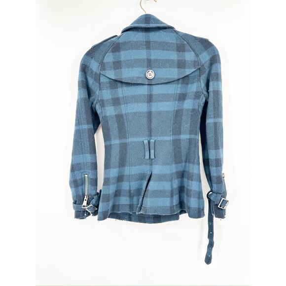 Burberry Brit Blue Full Nova Check Plaid Wool Pea Coat Jacket Women’s Size 2 - Picture 7 of 9